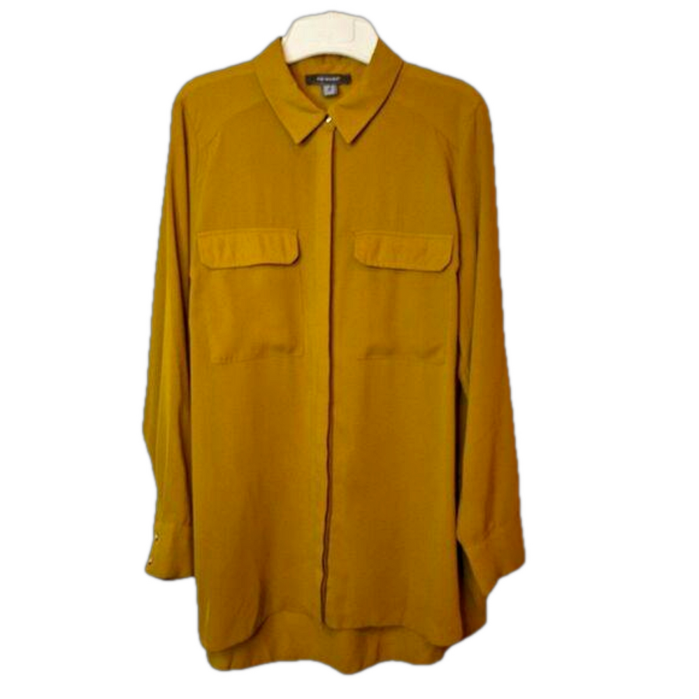 Primark Button Front Blouse Womens Size 12 Pockets Hi Lo Long Sleeves Office‎